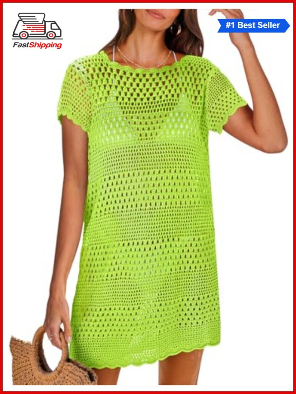 ✨ Mesh Knit Crochet Hollow Out Short Sleeve Swim Cover Up Beach Dress